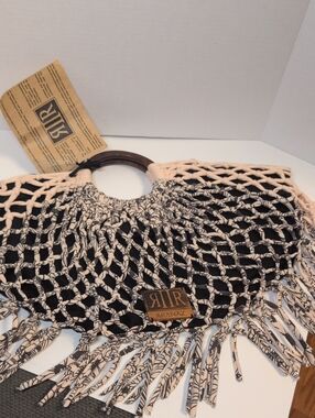Aranaz Black & Beige Macramé Fringe Tote Bag with Wooden Handles